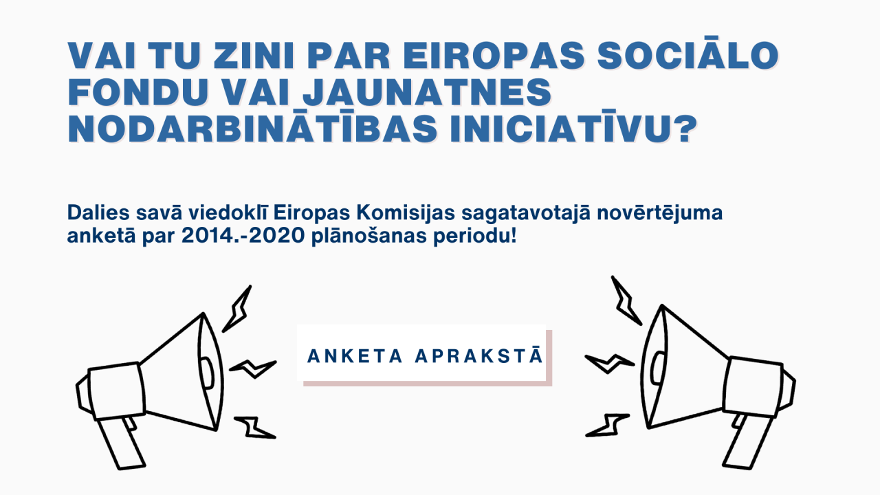 Plakāts par Eiropas Sociālā fonda un Jaunatnes nodarbinātības iniciatīvas novērtējuma anketu