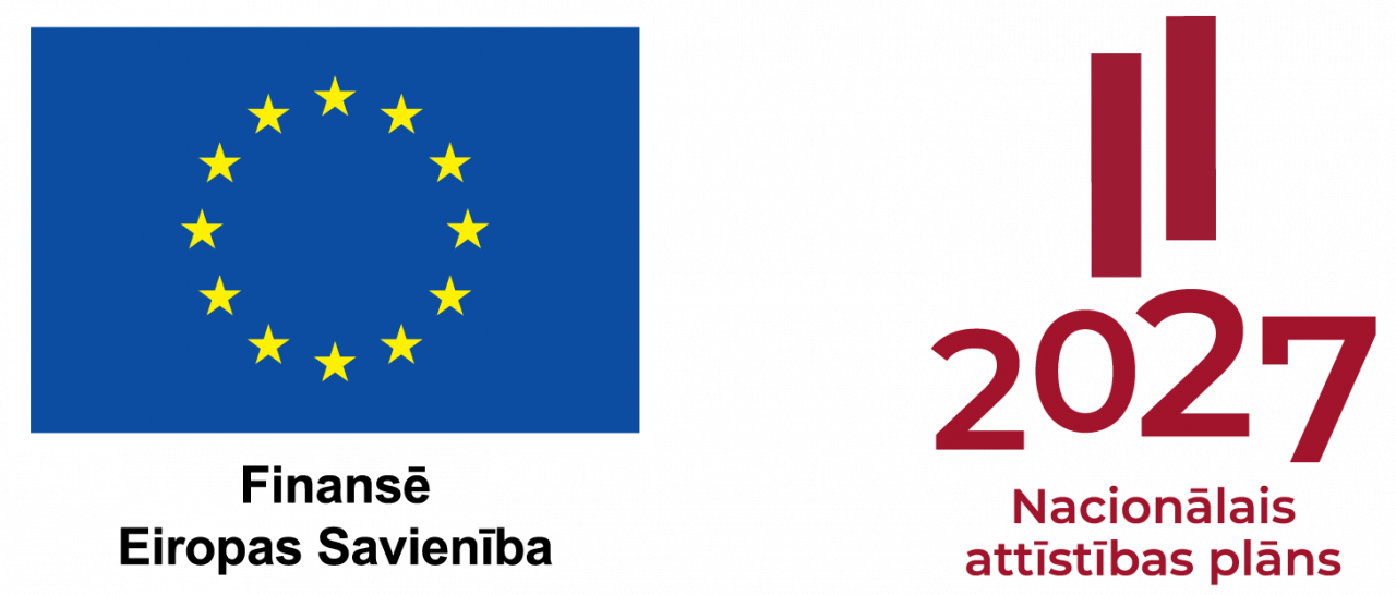 Logo ansamblis: Finansē Eiropas Savienība (ES karogs) un Nacionālais attīstības plāns 2027